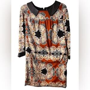 W118 by Walter Baker Satin Drop Waist Long Sleeve Dress Faux Leather Collar Med